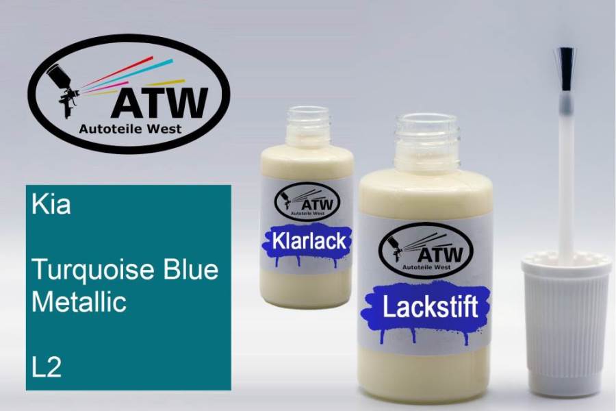 Kia, Turquoise Blue Metallic, L2: 20ml Lackstift + 20ml Klarlack - Set, von ATW Autoteile West.